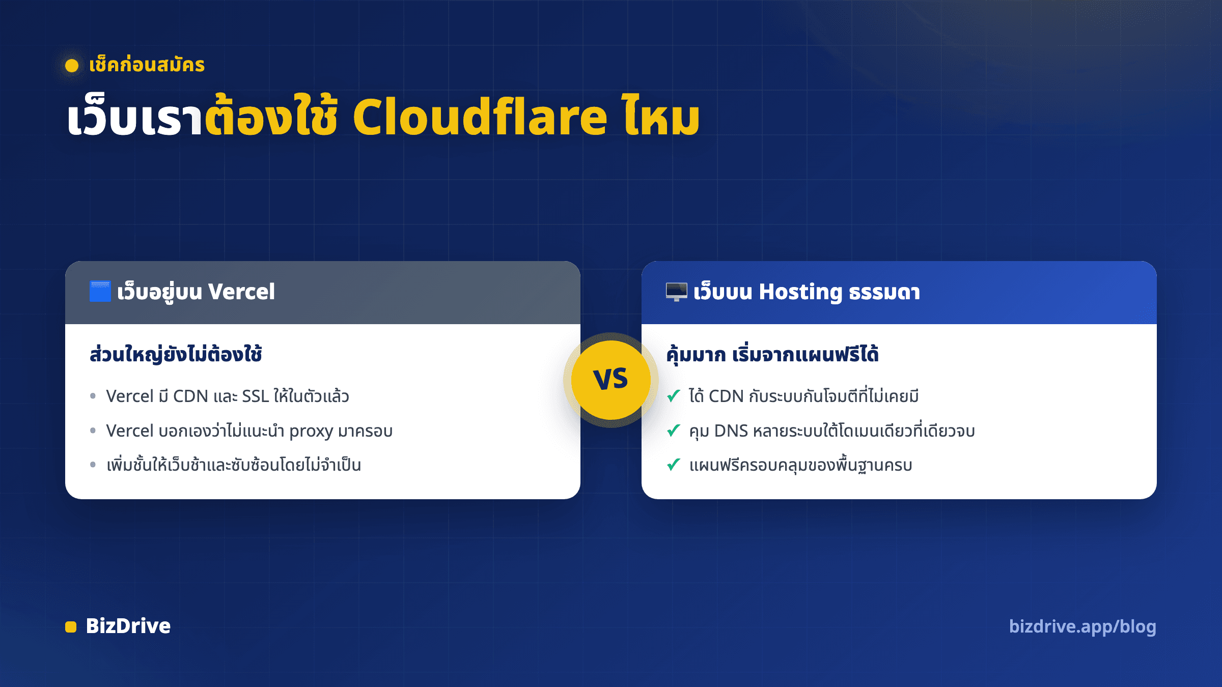 ตารางเปรียบเทียบว่าเว็บแบบไหนยังไม่ต้องใช้ Cloudflare และเว็บแบบไหนควรใช้