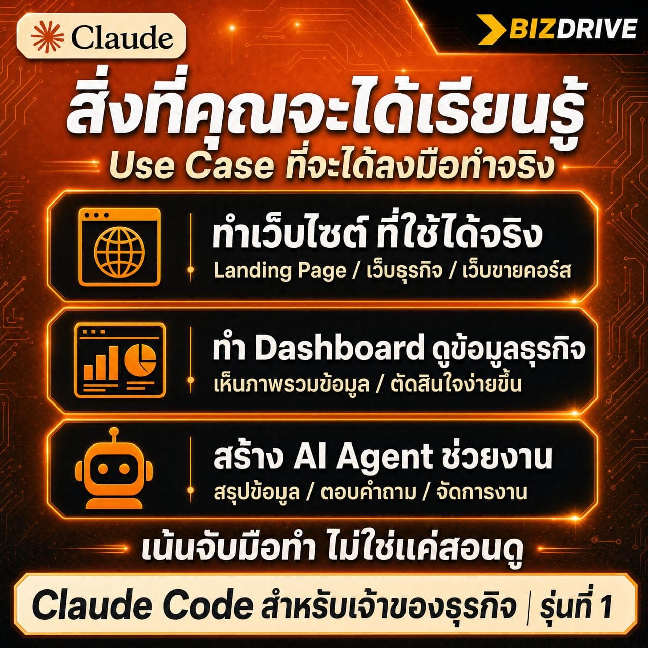สิ่งที่คุณจะได้เรียนรู้ — Use Case ที่ลงมือทำจริง: ทำเว็บไซต์ · Dashboard · AI Agent