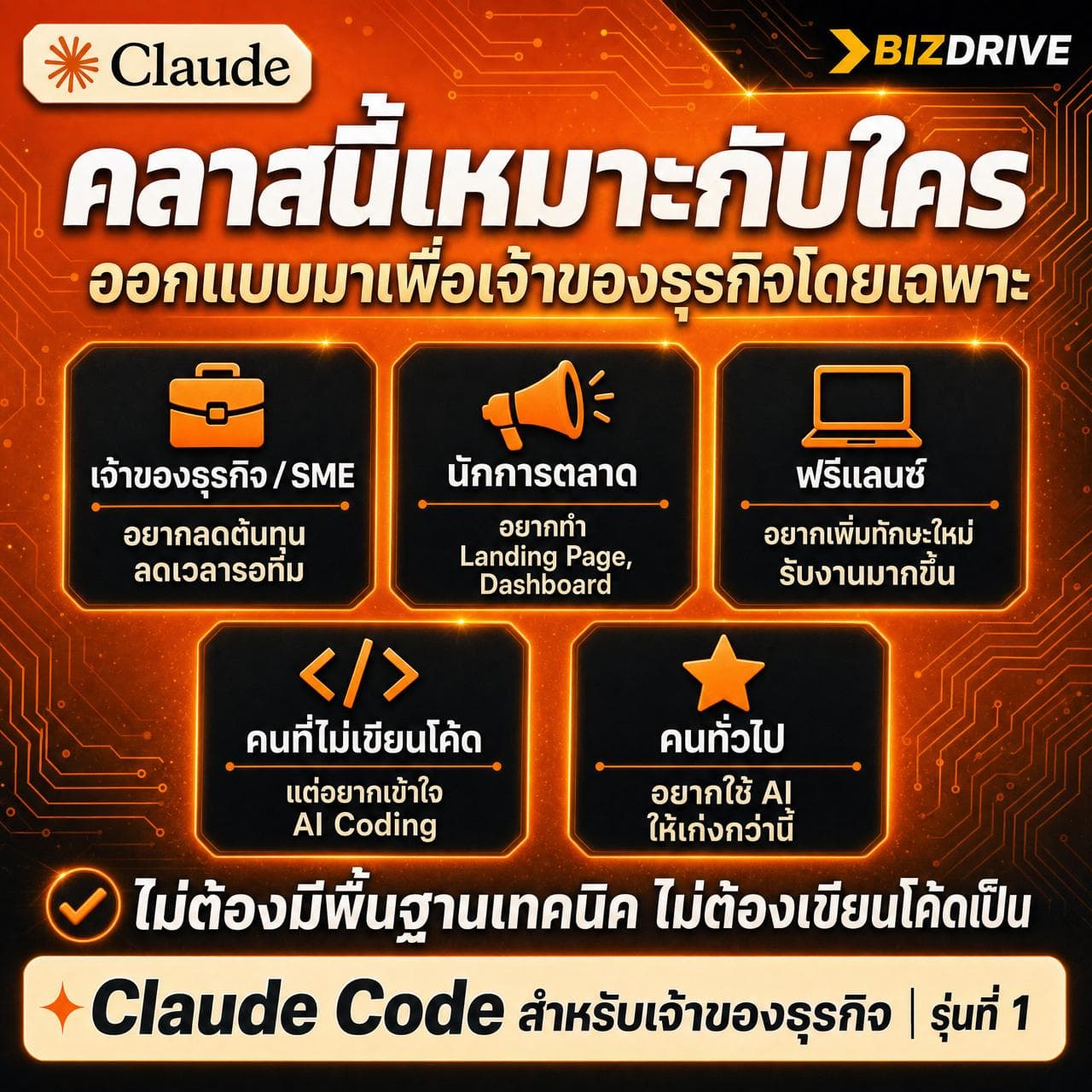 คลาสนี้เหมาะกับใคร — เจ้าของธุรกิจ SME · นักการตลาด · ฟรีแลนซ์ · คนไม่เขียนโค้ด